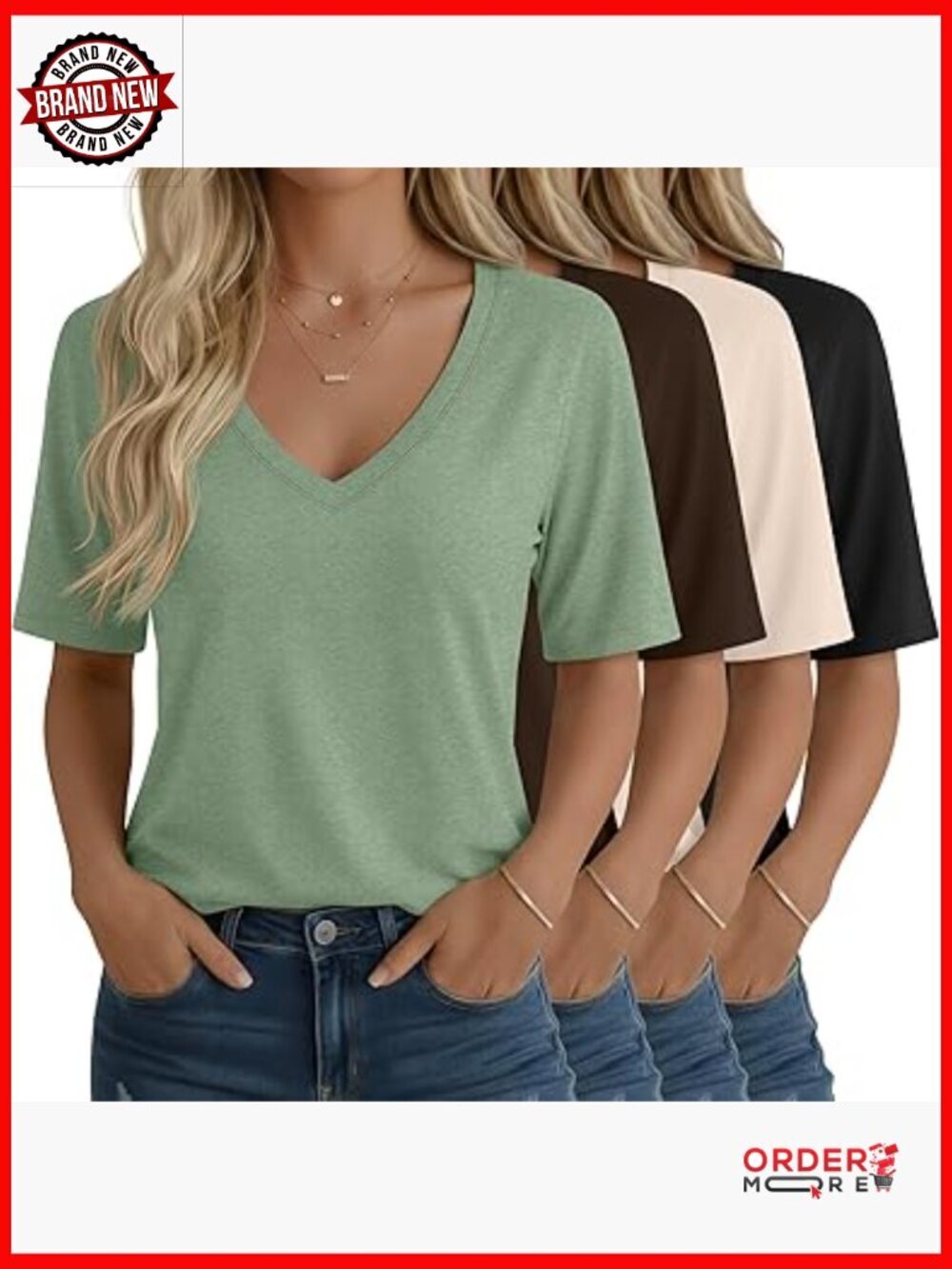 4 Pack V Neck Half Sleeve T Shirts Elbow Length Loose Fit Summer Tees